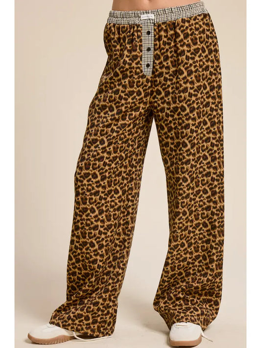 Leopard Print Lounge Pants with Plaid Waistband