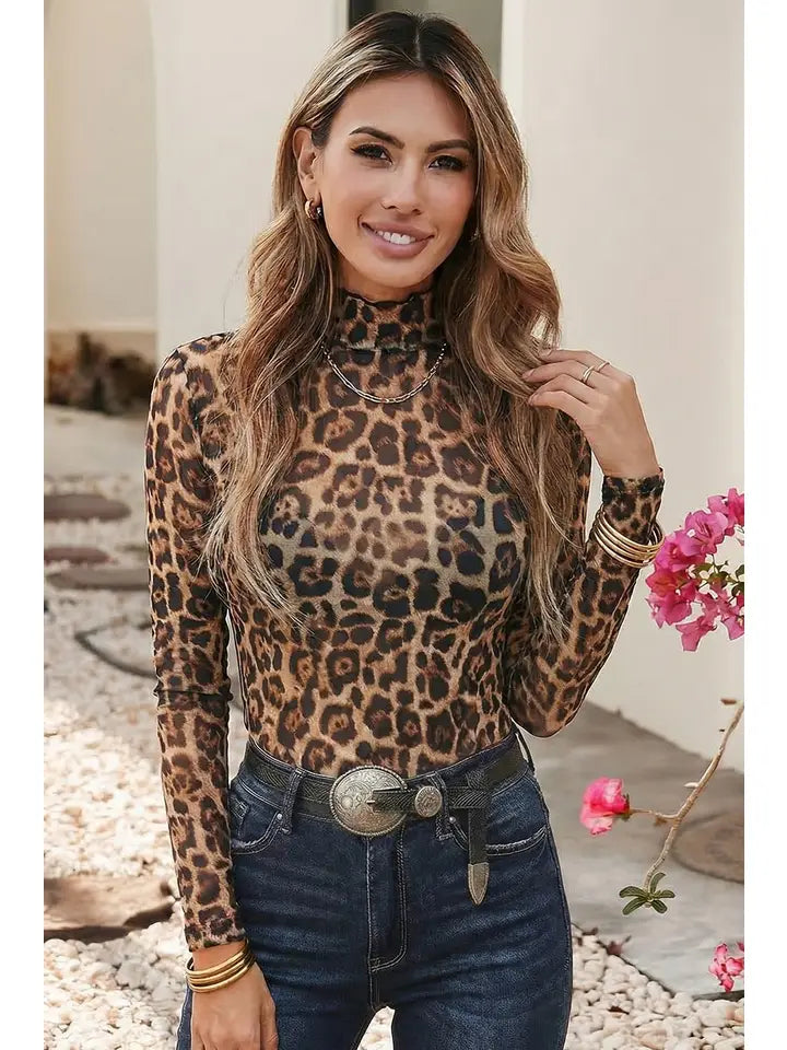 Leopard Slim Fit Floral Mesh Long Sleeve Mock Neck Top