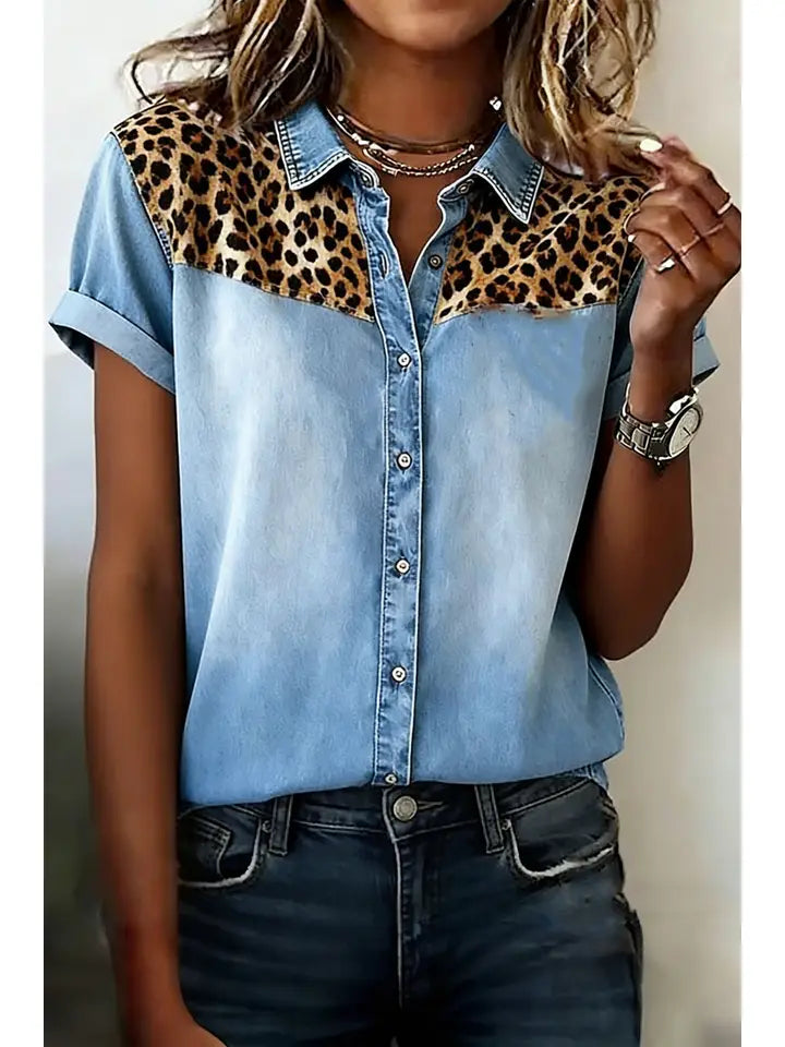 Leopard Patchwork Detail Short Sleeve Denim Shirt