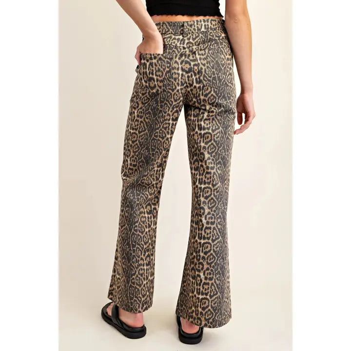 Leopard Print Flare Jeans with Pockets