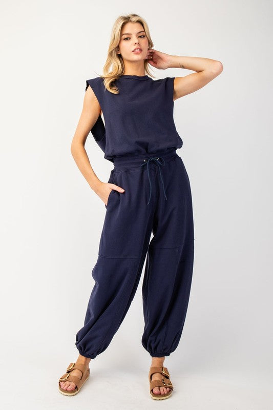 NAVY MINERAL WASHED OPEN BACK JUMPSUIT