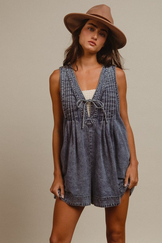 MINERAL WASHED PINTUCK ROMPER WITH SIDE POCKET
