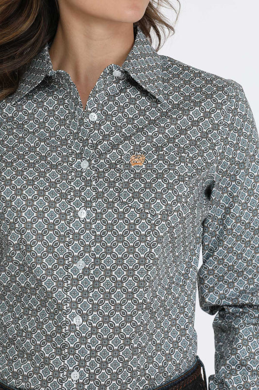 Cinch Women's Long Sleeve Button Up Western Shirt - White & Blue Medallion Print