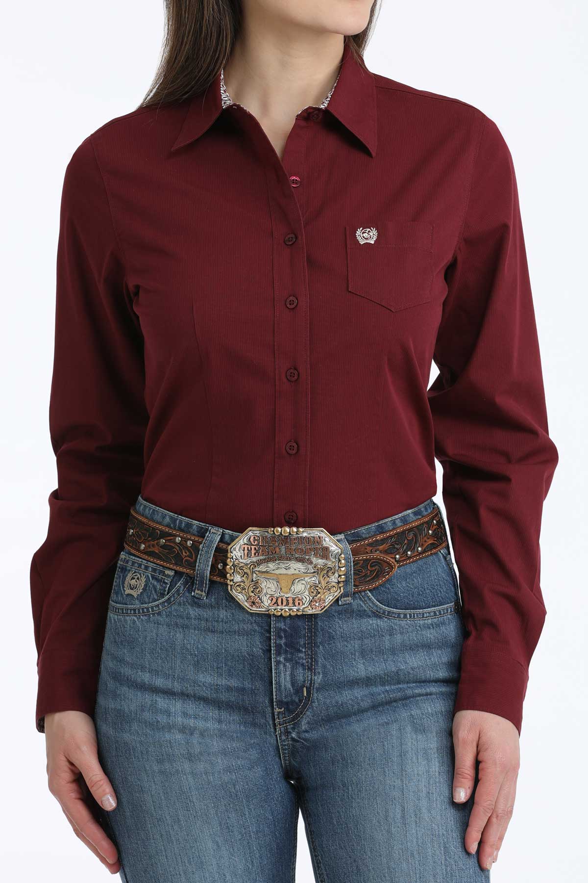 Cinch Womens Burgundy L/S Stripe Shirt