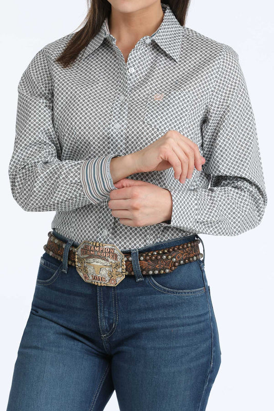 Women's Cinch L/S White Print Western Shirt