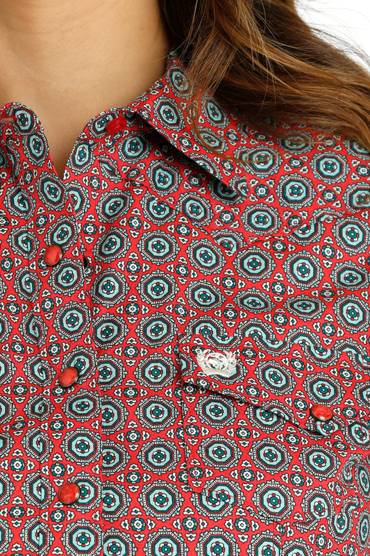 Womens Cinch L/S Red Print Pearl Snap