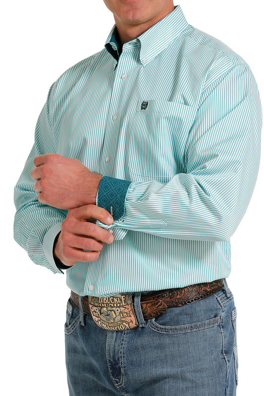 CINCH MENS L/S TEAL AND WHT STRIPE