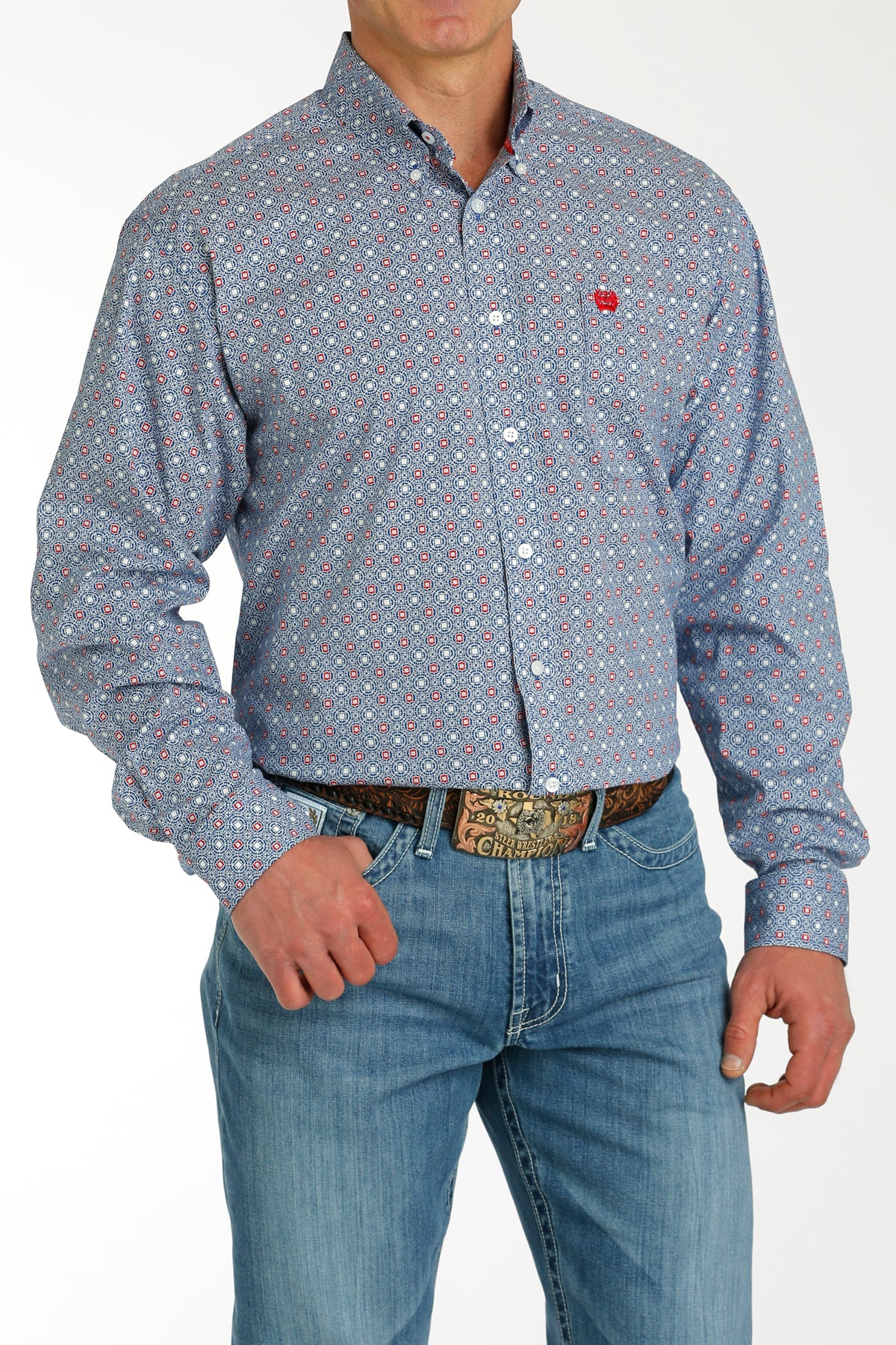 MENS CINCH L/S ROYAL AND RED SMALL PRINT