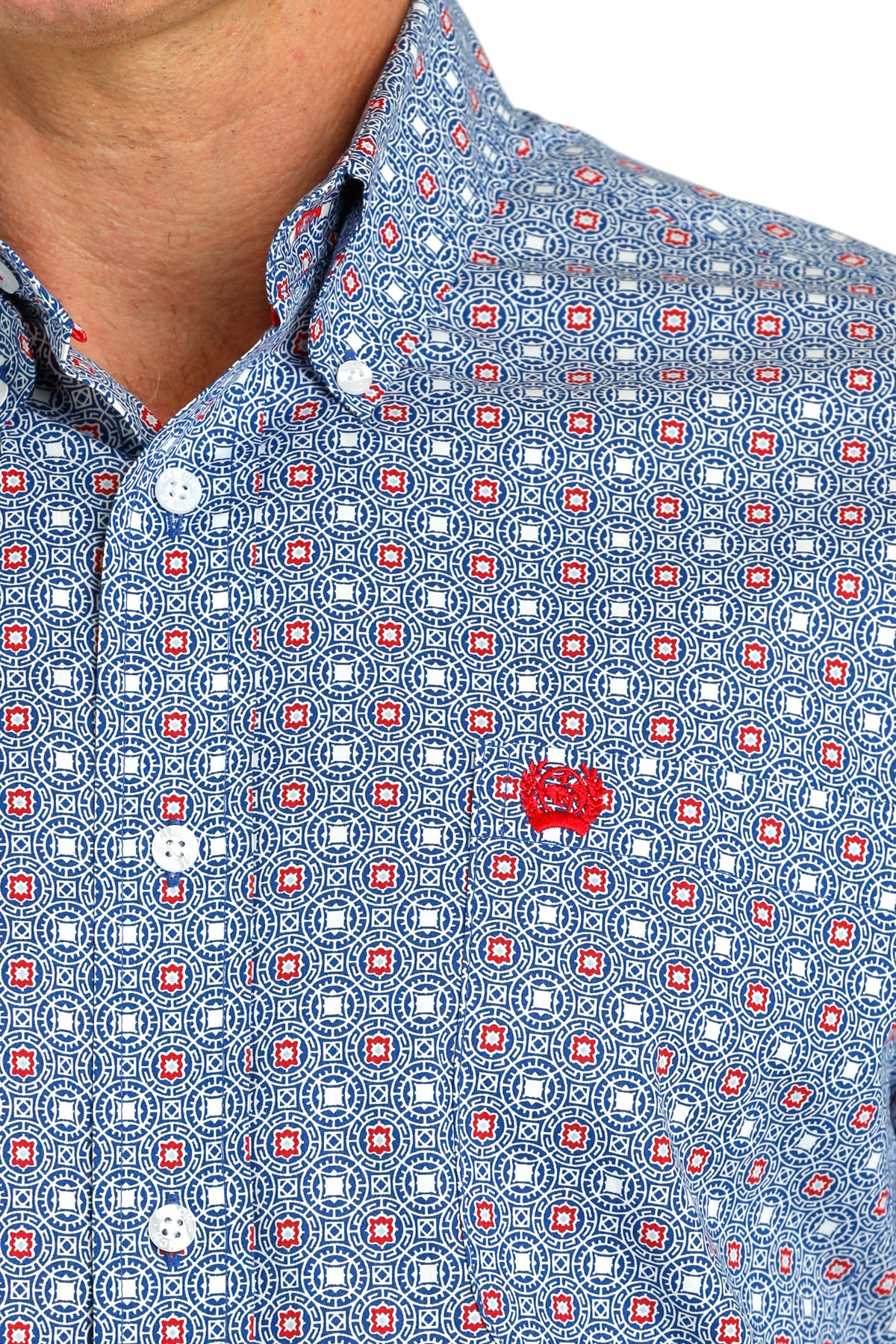 MENS CINCH L/S ROYAL AND RED SMALL PRINT