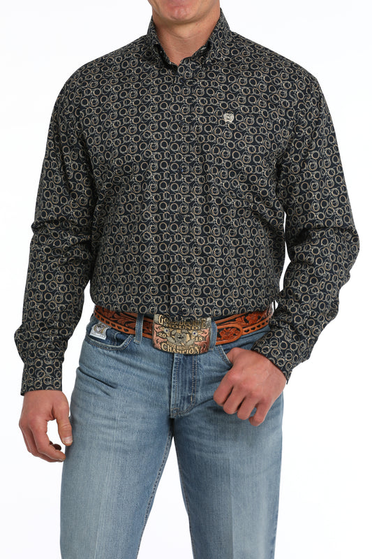 Men's Rope Print Button-Down Western Shirt - Navy