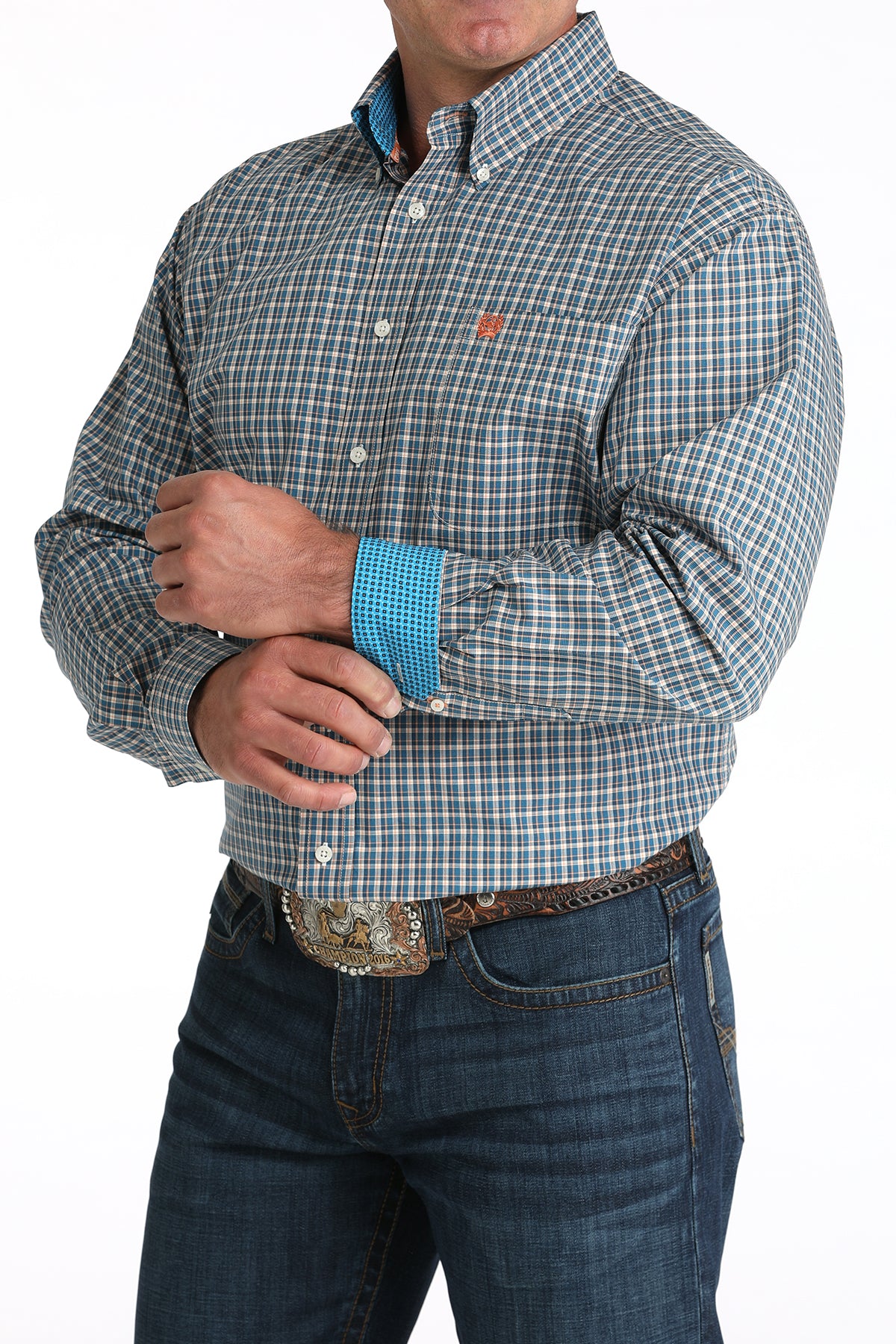 Men's L/S Cinch Blue & Orange Plaid