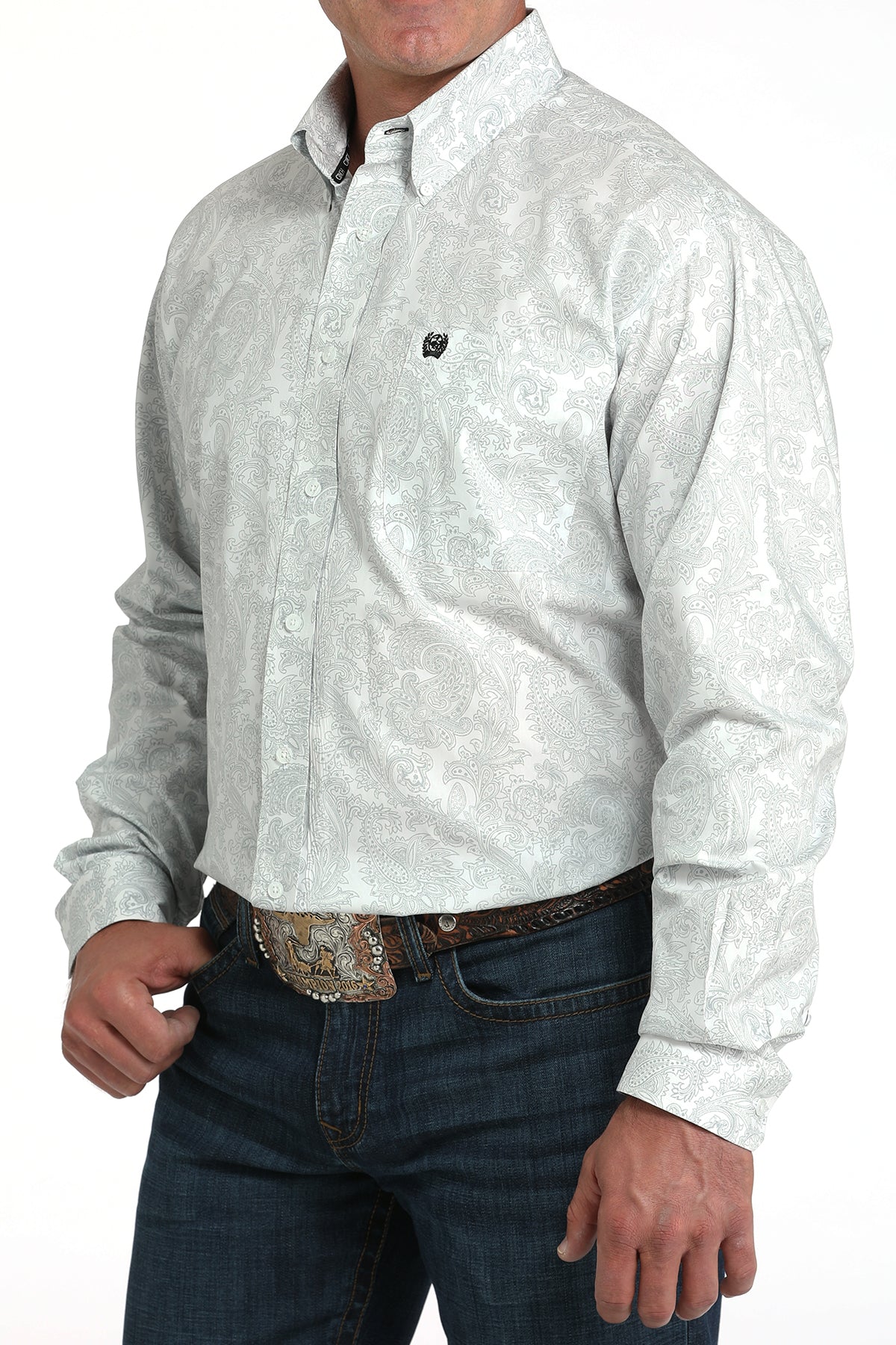 Mens Cinch White L/S Print Shirt