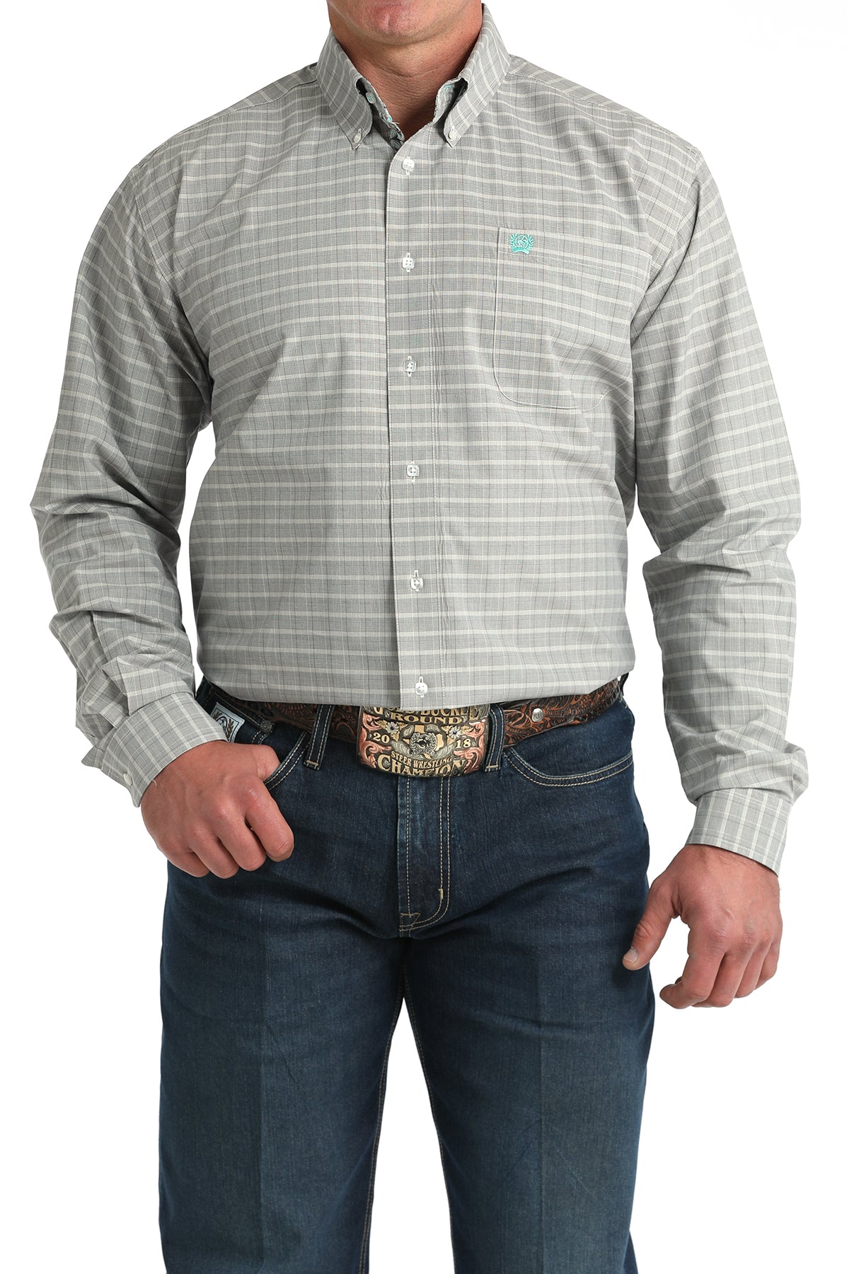 Mens Cinch Cream & Gray Plaid L/S Shirt