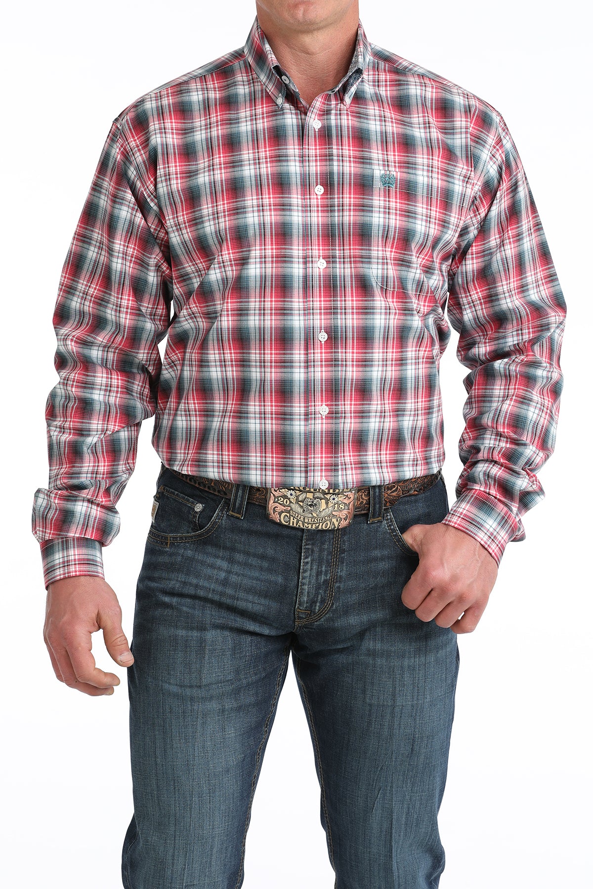 Men's Cinch L/S Blue & Pink Plaid Shirt