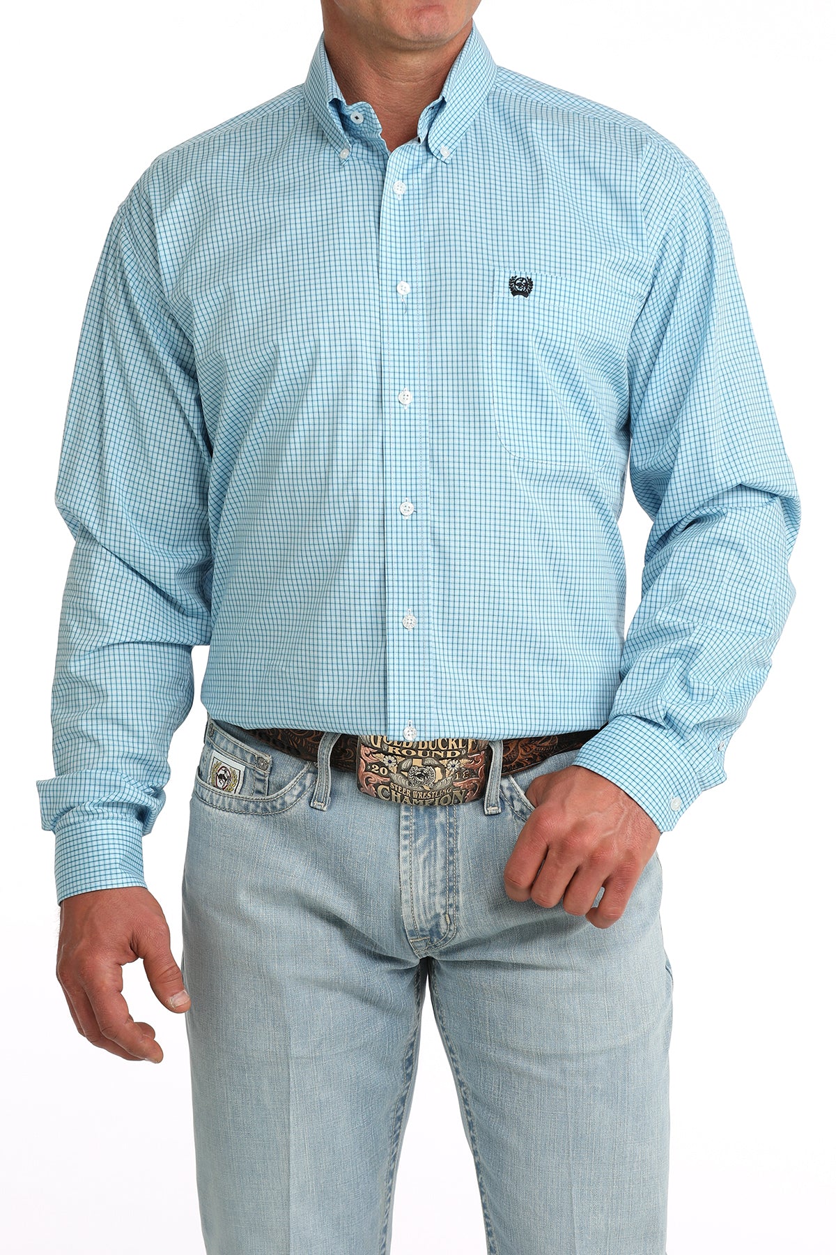 Mens Cinch Light Blue Small Plaid L/S Shirt