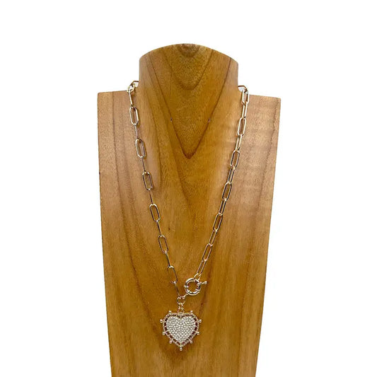 Metal Chain with Clear Crystal Heart Pendent Necklace
