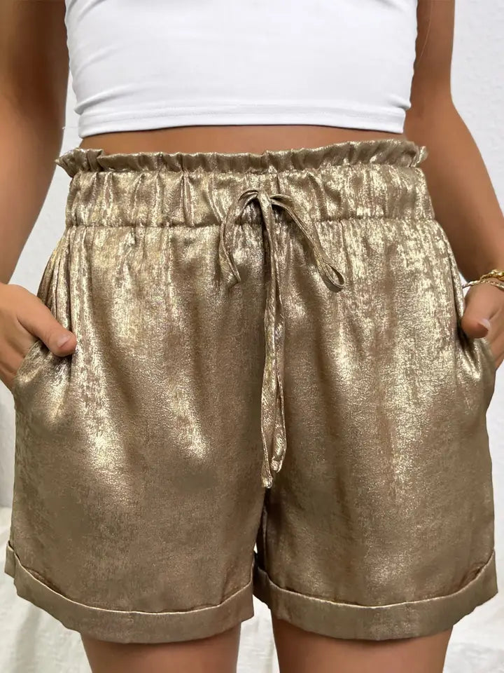 Metallic Tie Elastic Waist Cuffed Hem Shorts