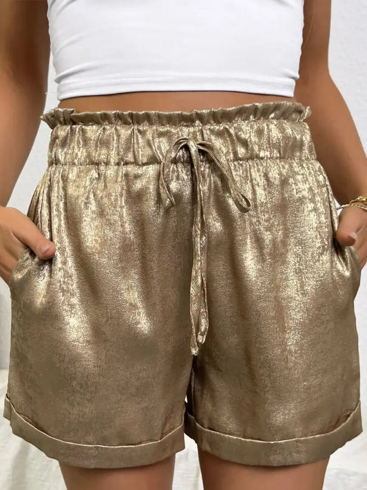 Metallic Tie Elastic Waist Cuffed Hem Shorts