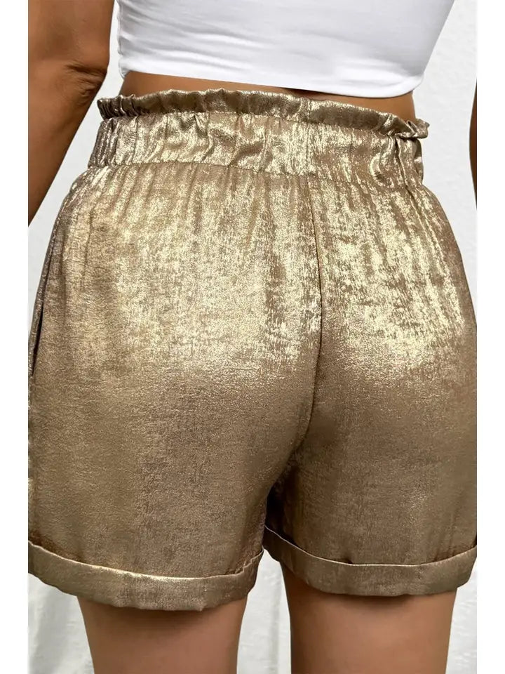 Metallic Tie Elastic Waist Cuffed Hem Shorts