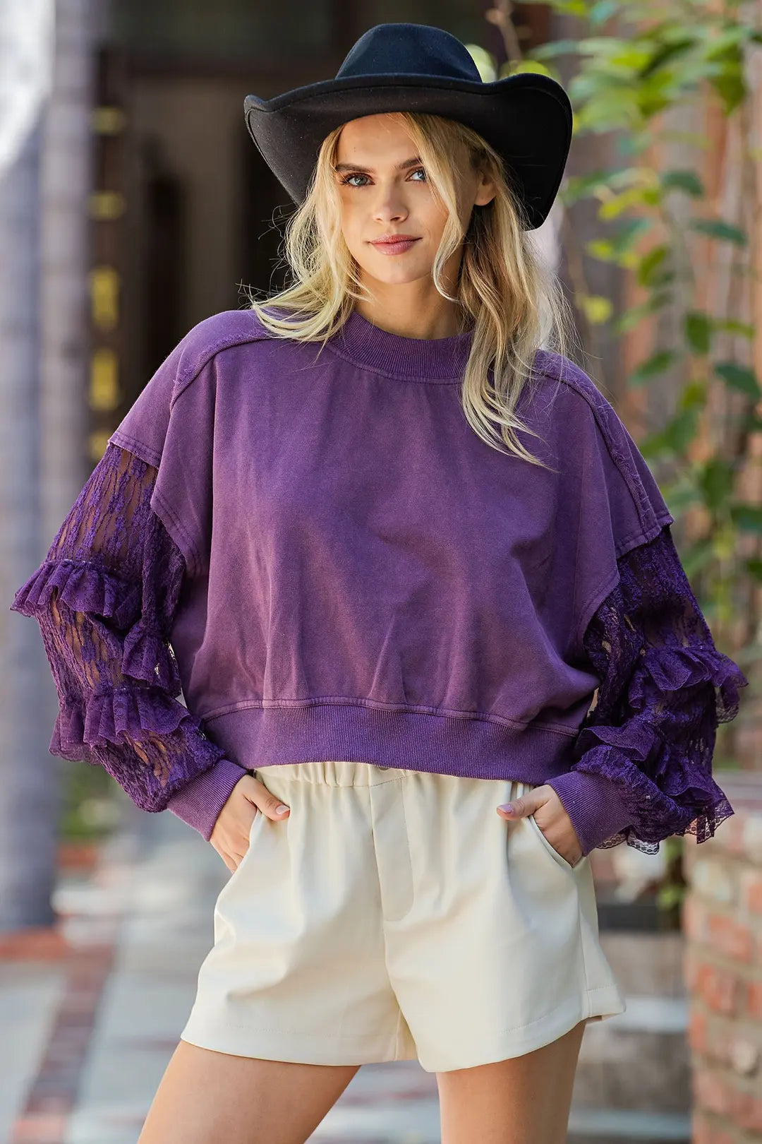 Purple Mineral Washed Lace Sleeve Pullover