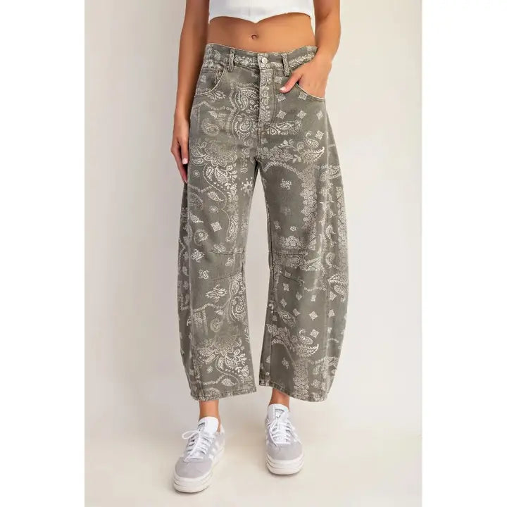 Mineral Washed Paisley Printed Jeans Olive