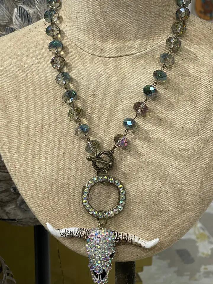 Multi-Mix Chain Necklace w/ Hand Crystalled Ab Cowskull