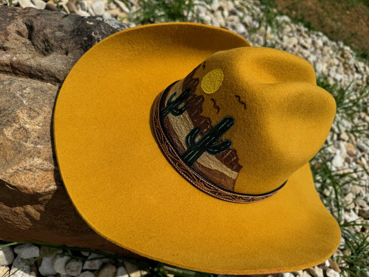 Mustard Hat Hand Painted Cactus Desert