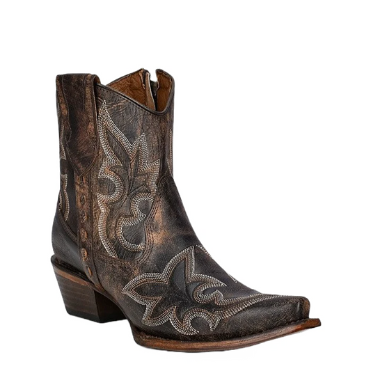 Corral  LD Blk/Brwn Embroidery & Zipper Ankle Boot