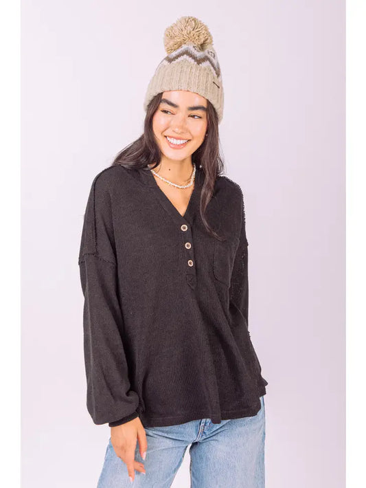 Button Down Hooded Oversized Knit Henley Top