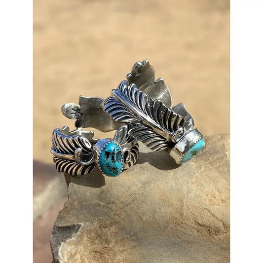 Navajo Feather Turquoise and Sterling Silver Adjustable Ring