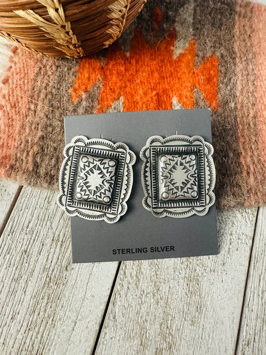 Navajo Hand Stamped Sterling Silver Concho Post Earrings
