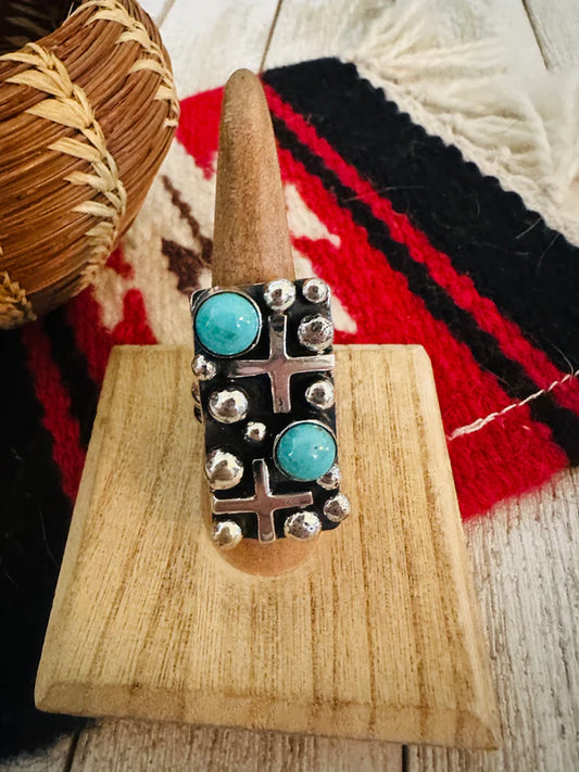 Navajo Turquoise & Sterling Silver Cross Ring Chimney Butte sz7