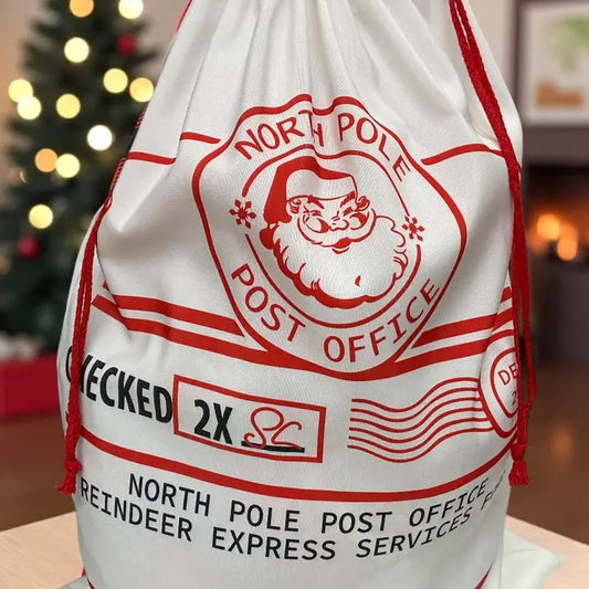19" X 27"North Pole Post Office Checked Twice" Santa Printed Christmas Sack