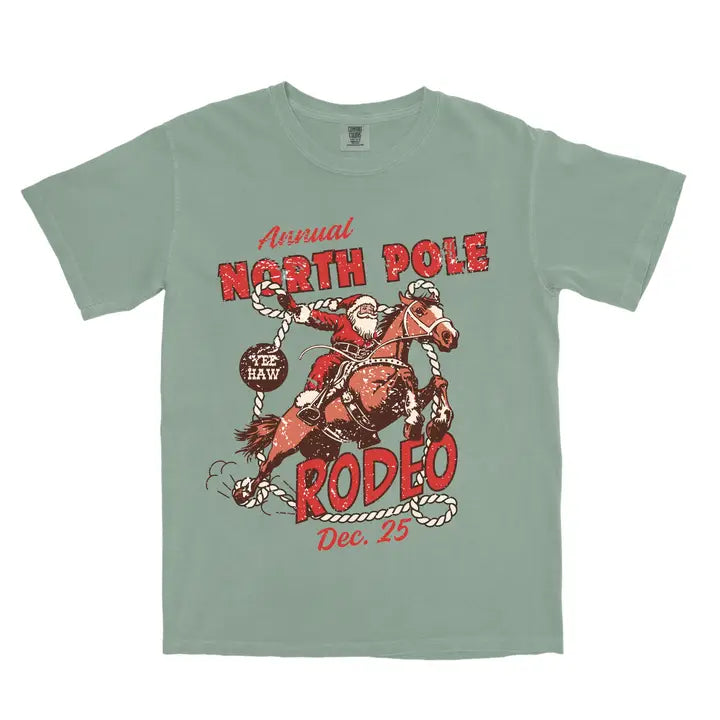 North Pole Rodeo Cowboy Santa Christmas Graphic Tee