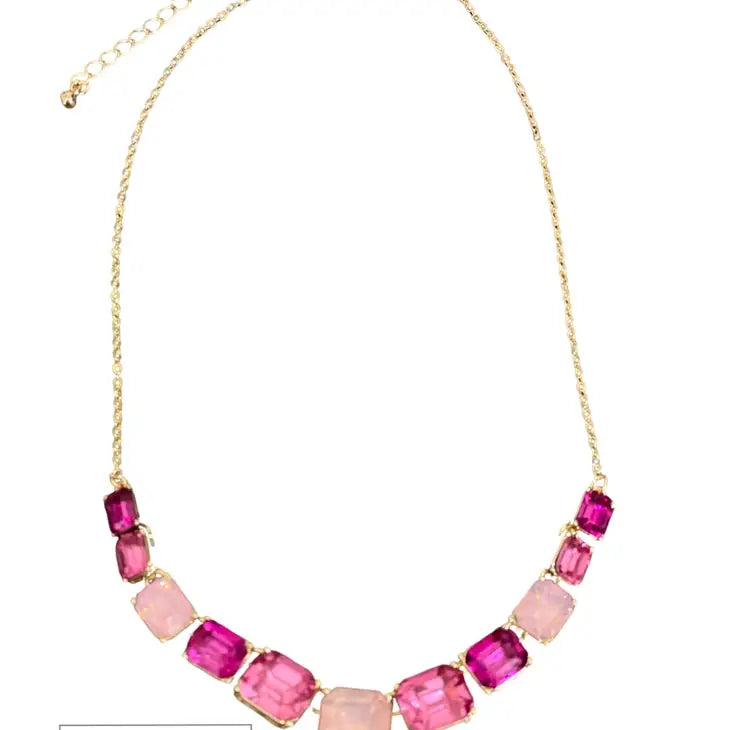 PINK Rectangle Rhinestone and Chain Necklace