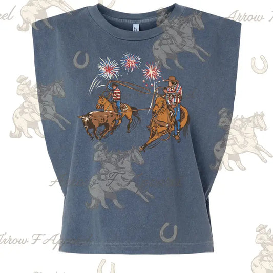 Patriotic Team Ropers| Western Graphic Muscle Tank (Faded Navy)