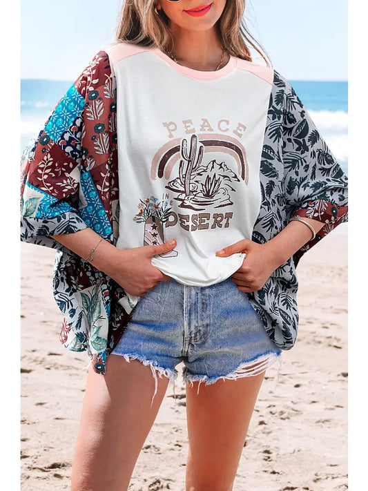 Peace Desert Graphic Patchwork Printed 3/4 Sleeve Top