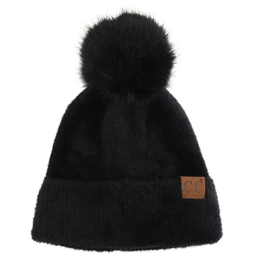 Plush Chenille Pom C.C Beanie Black