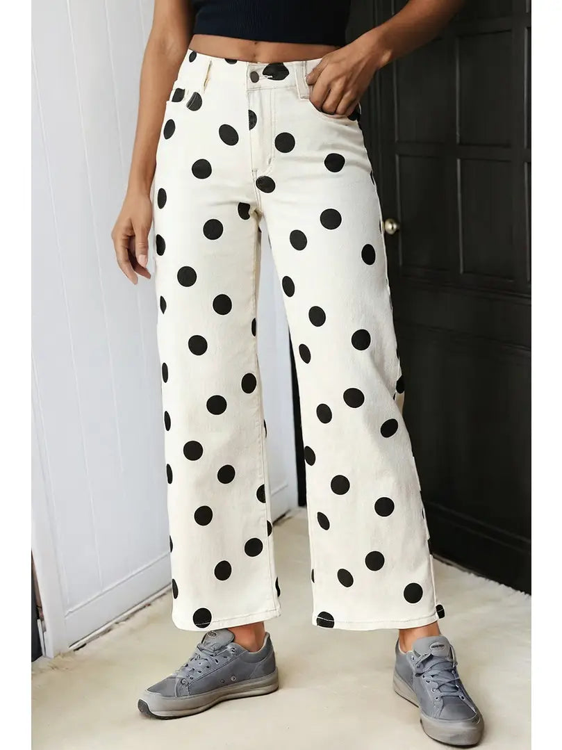 Polka Dot Print Straight Leg Casual Pants