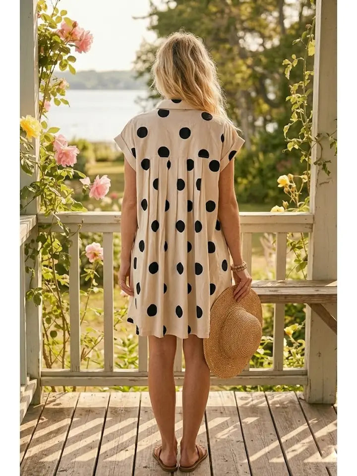Polka Dot Button Down Pleated Poplin Mini Dress