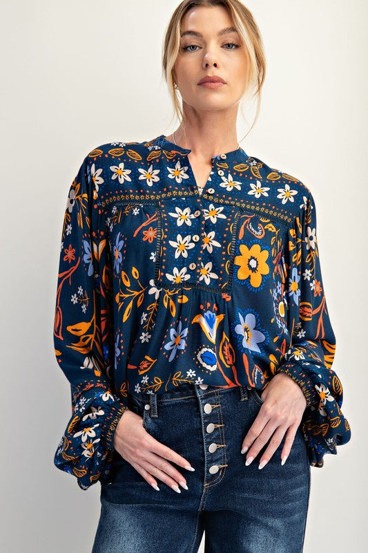 Printed Rayon Gauze Woven Top Indigo Blue