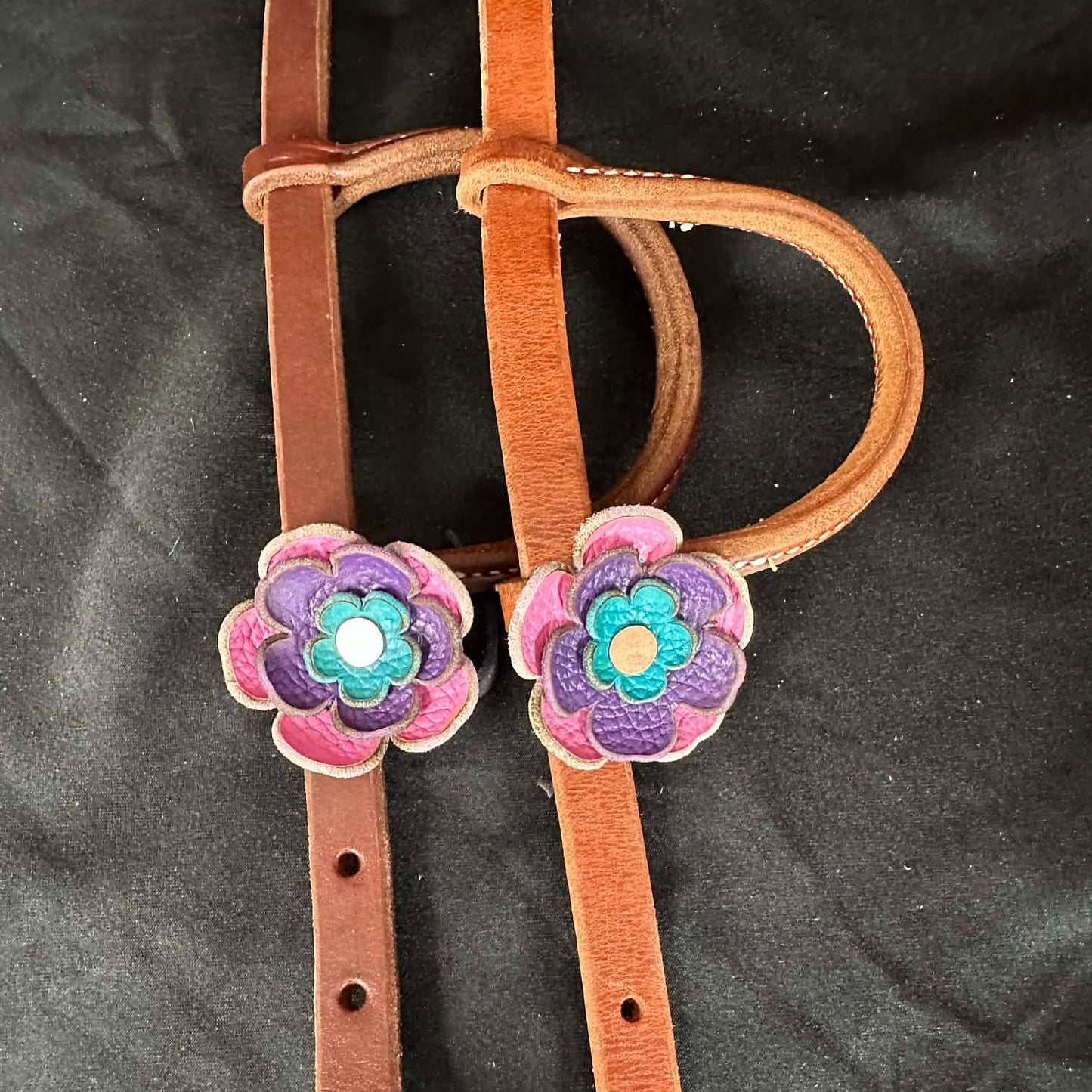 Pony Headstall Purple, Pink & Turquoise Leather Flower Single Ear
