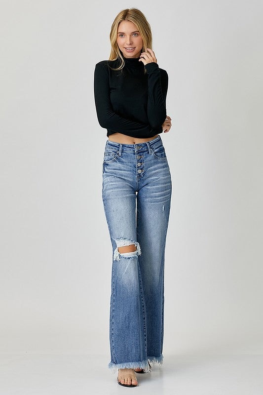 RISEN MID RISE BUTTON DOWN WIDE LEG JEANS