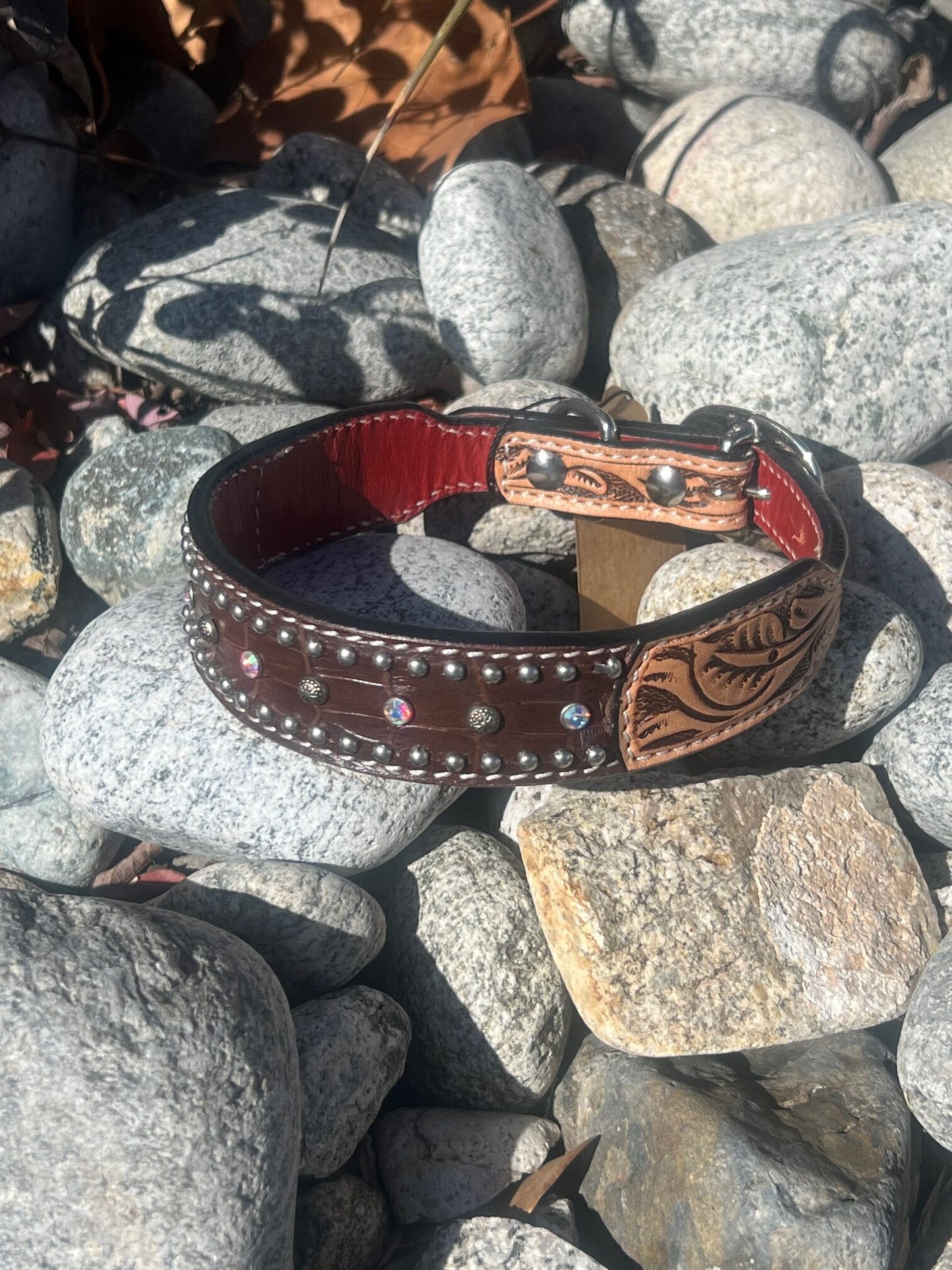 Dog Collar with Brown Gator Print, Carving, Crystal, SS Spots, Flower Spots