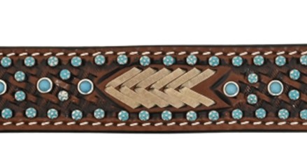 Dog Collar with Basket Tooling, Rawhide Weaving, Turquoise Flower Spots, Turquoise Beads