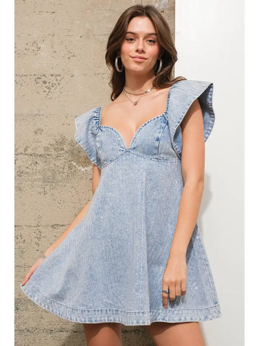 Ruffle Embellished Denim Dress