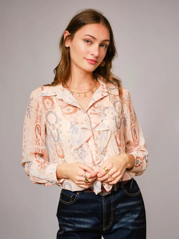 Ruffle Front Western Sheer Blouse