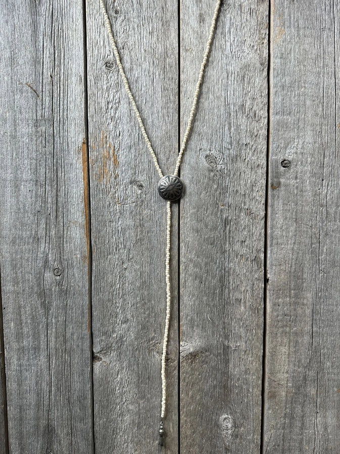 Seed Bead W/Silver Concho & Blossom Bolo Style Necklace