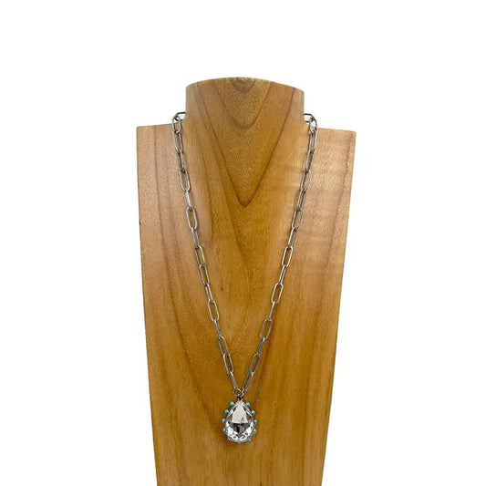 Silver Metal Chain with Clear Crystal Teardrop Pendent Necklace