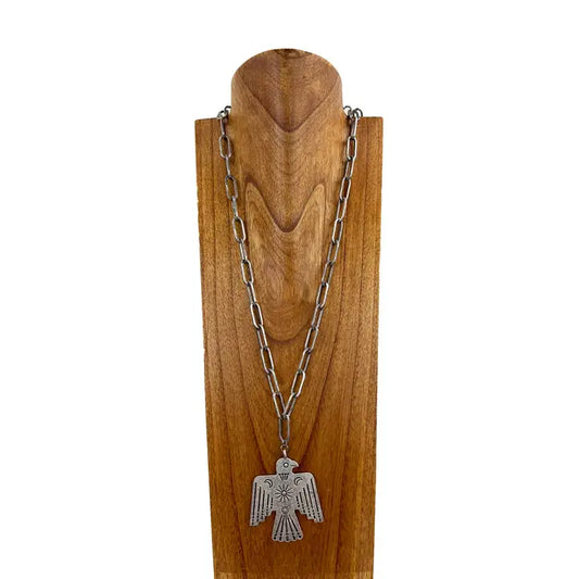 Silver Paper Clip Shape Metal Chain Necklace with Silver Metal Eagle Pendent
